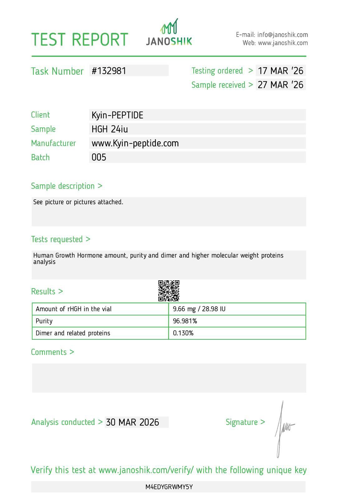 Janoshik test report — HGH 24iu, batch 005