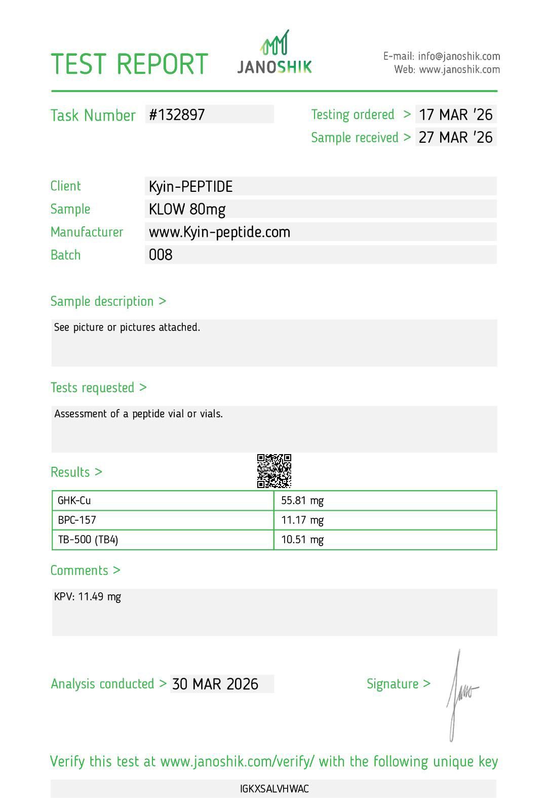 Janoshik test report — KLOW 80mg, batch 008